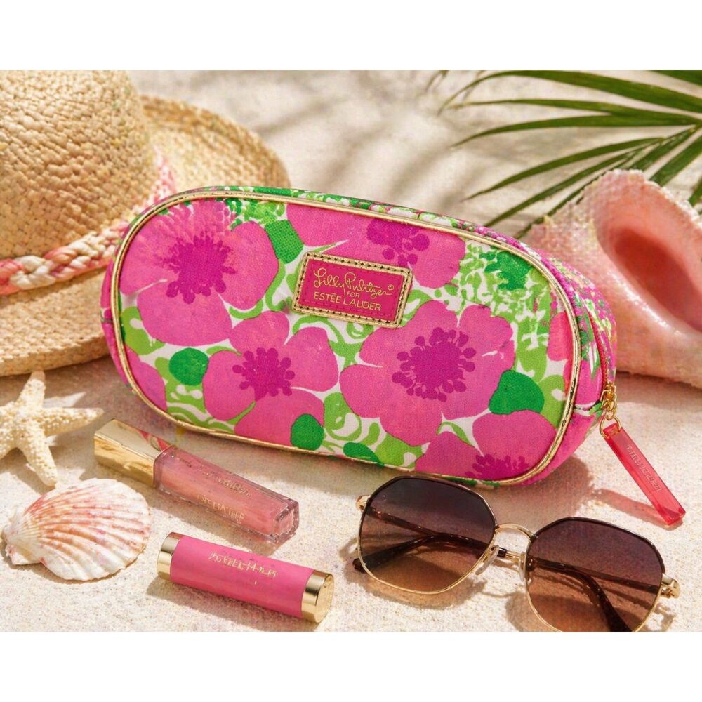 NWOT Lilly Pulitzer Estee Lauder Makeup Bag Pink Green Floral Cosmetic Travel